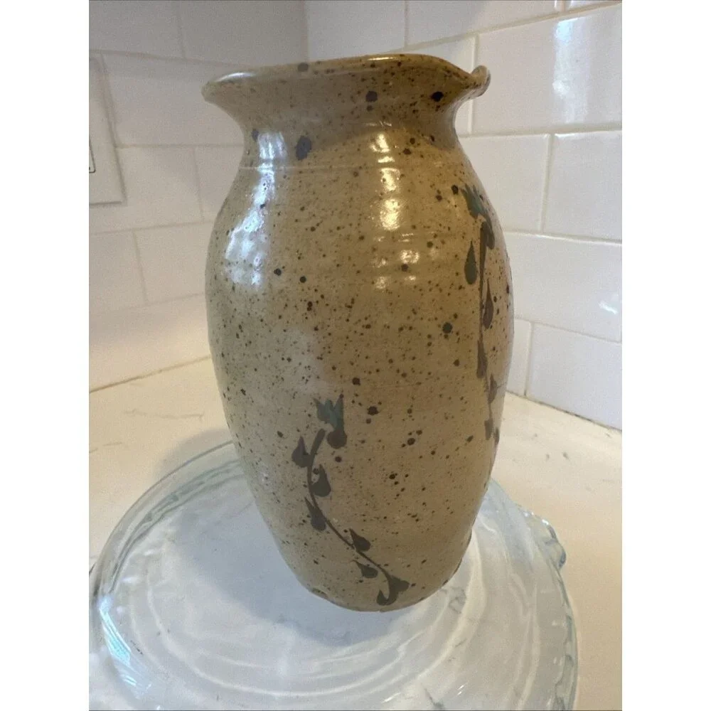 Small Handmade Pitcher Brown With Flowers 7 1/2 Tall Vintage